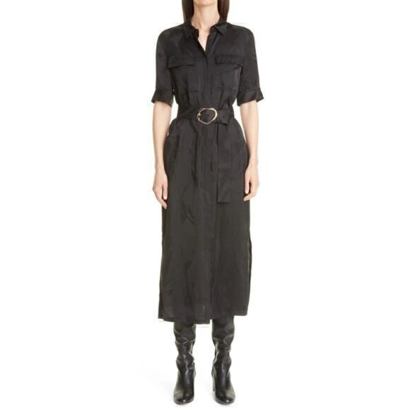 Lafayette 148 New York Doha Black Midi Belted Shirt Dress Size Large Nwt
